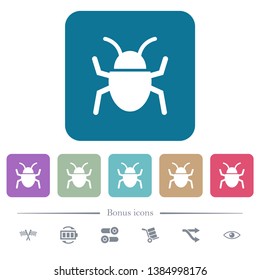 Bug white flat icons on color rounded square backgrounds. 6 bonus icons included