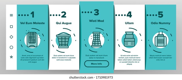 Bug Zapper Equipment Onboarding Icons Set Vector. Bug Zapper Electronic Device And Dichlorvos Bottle For Killing Insects Illustrations