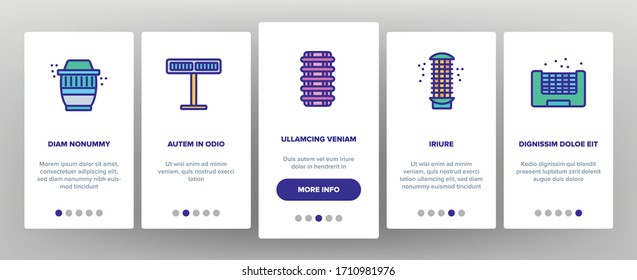 Bug Zapper Equipment Onboarding Icons Set Vector. Bug Zapper Electronic Device And Dichlorvos Bottle For Killing Insects Illustrations