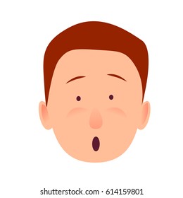 Bug-eyed man-child with open mouth flat design on white background. Surprised boy face close-up portrait. Vector illustration of character and face emotions in cartoon style hand drawn pattern.