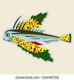 Bug-eyed monster fish with large yellow-green fins, vector