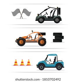 Buggy car. Vector terrain vehicle, dune buggy and accessory, spare part illustration on white background. Set of different motor car auto transport for extreme off-road rally sport competition