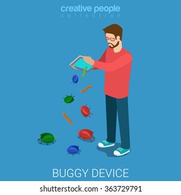 Buggy device debugging process flat 3d isometry isometric technology concept web vector illustration. Young man shake tablet PC bugs worm drop fall away. Creative people collection.