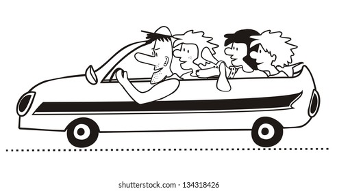 buggy with famiy and dog, black and white illustration, vector conceptual icon