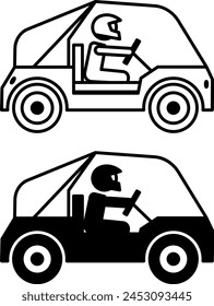 Iconos de Buggy. Iconos vectoriales en blanco y negro de un hombre en un casco montando un buggy. Vehículo todoterreno. Concepto de transporte