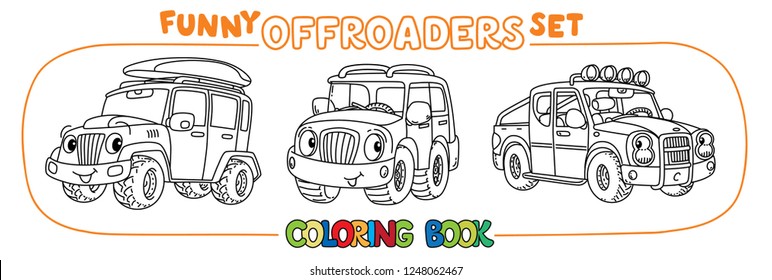 Buggy, offroader or SUV, and pickup truck coloring book set for kids. Small funny vector cute car car with eyes and mouth. Children vector illustration