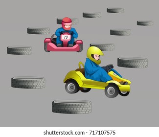 Buggy racing. Boys ride on small cars. Tires on the road. Sport competitions. Men's entertainment. Winning the game. Opponents. Vector illustration.