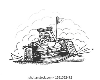 Buggy vehicle, extreme racing, vector transport illustration, hand drawn contour image, autocross driver sketch