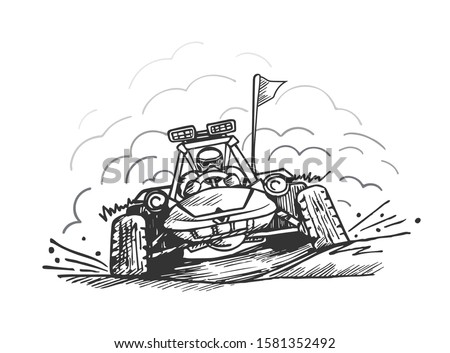 Buggy vehicle, extreme racing, vector transport illustration, hand drawn contour image, autocross driver sketch