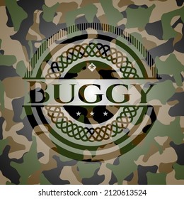 Buggy geschrieben auf einer Camo-Textur. Vektorgrafik. Detaillierte Angaben. 