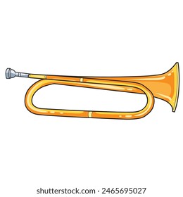 bugle brass musical instrument in gold color, isolated object on white background, vector illustration