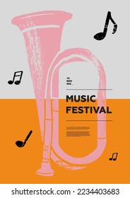 Bugle, clarion. Music festival poster. Wind musical instruments. Competition.  A set of vector illustrations. Minimalistic design. Banner, flyer, cover, print.