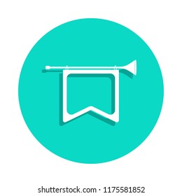 bugle with flag icon in badge style. One of Music Instruments collection icon can be used for UI, UX