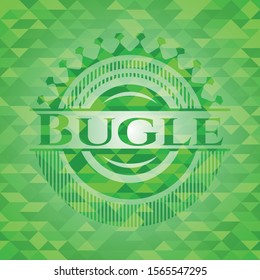 Bugle green emblem with mosaic background. Vector Illustration. Detailed.