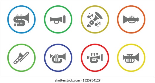 bugle icon set. 8 filled bugle icons.  Collection Of - Trombone, Trumpet