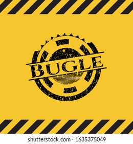 Bugle inside warning sign, black grunge emblem. Vector Illustration. Detailed.