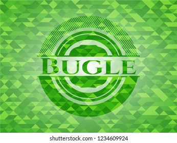 Bugle realistic green emblem. Mosaic background