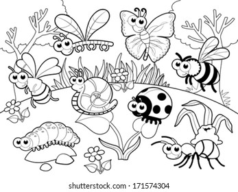 Bugs + 1 snail with background in black and white. Cartoon  vector illustration.