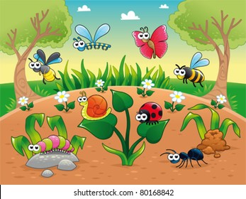 Bugs + 1 snail with background. Funny cartoon and vector illustration, isolated characters.