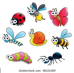 Bugs + 1 snail. Funny cartoon and vector isolated characters.