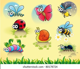 Bugs + 1 snail. Funny cartoon and vector isolated characters.