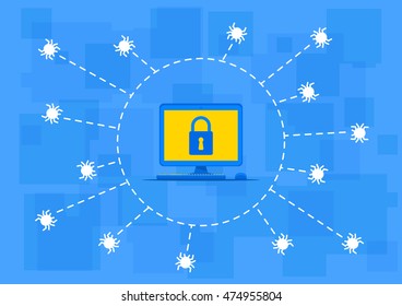 Bugs around computer with lock symbol on screen vector illustration on the blue background. Data security graphic design. Firewall software to protect your privacy from viruses creative concept.