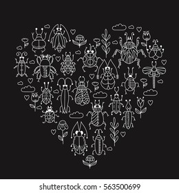 Bugs beatles insects flowers collection doodles vector heart frame