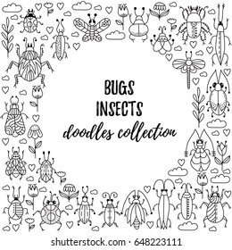 Bugs beetles insects doodles collection with flowers hearts clouds round frame decorative vector