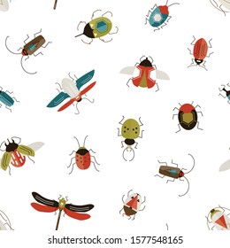 Bugs and beetles vector seamless pattern. Insects colorful texture. Stag-beetle, ladybugs, ladybirds and dragonfly on white background. Entomology themed textile and wallpaper design.