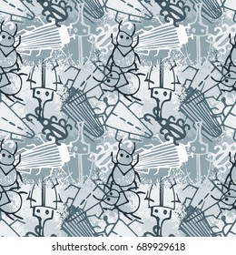 Bugs cartoon pattern on splashes of paint. Chaotic silhouettes of insects on splashes of paint. Infinitely repeating motif . Vector illustration of doodle. Trendy hand drawn textures.