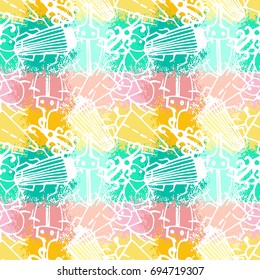 Bugs cartoon pattern on splashes of paint. Chaotic silhouettes of insects on splashes of paint. Infinitely repeating motif . Vector illustration of doodle. Trendy hand drawn textures.