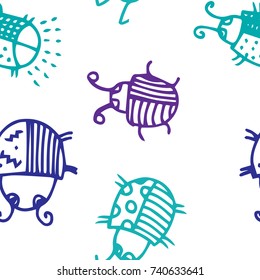  Bugs cartoon seamless pattern. Animal motif in thin line style. Background with happy insects. Beetles striped and polka dots. Colorful hand drawn print. Vector doodle illustration.