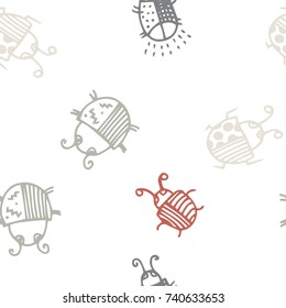  Bugs cartoon seamless pattern. Animal motif in thin line style. Background with happy insects. Beetles striped and polka dots. Colorful hand drawn print. Vector doodle illustration.
