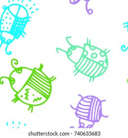  Bugs cartoon seamless pattern. Animal motif in thin line style. Background with happy insects. Beetles striped and polka dots. Colorful hand drawn print. Vector doodle illustration.