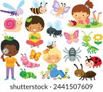 Bugs clipart set. Cute cartoon insects and curious kids exploring nature.