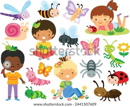 Bugs clipart set. Cute cartoon insects and curious kids exploring nature.