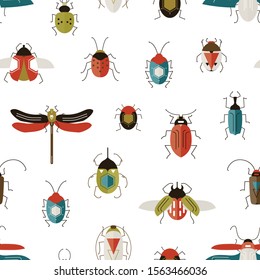 Bugs colorful vector seamless pattern. Beetles, dragonfly, ladybugs decorative backdrop. Ladybirds and stag-beetle on white background. Entomology and insects texture. Fabric, textile design.