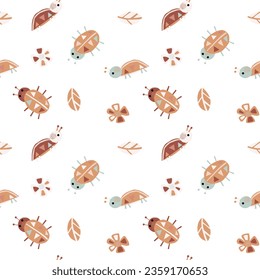 Bugs cut out. Childish seamless pattern in pastel colors of beetles, leaves and trees. Design of baby fabrics, textiles, wrapping paper, wallpaper