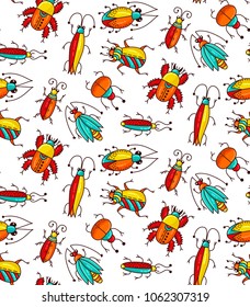 Bugs cute insects beetles colorful animals seamless vector pattern