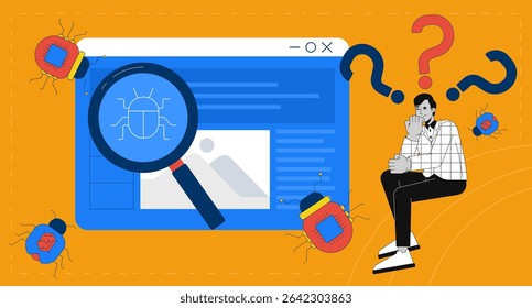 Bugs detection and debugging in web development 2D illustration concept. Cybersecurity. Software testing. Confused developer cartoon conceptual abstract vector art. Flat metaphor on orange background