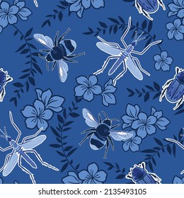 Bugs and flowers in blue