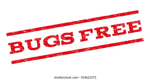Bugs Free watermark stamp. Text tag between parallel lines with grunge design style. Rubber seal stamp with scratched texture. Vector red color ink imprint on a white background.