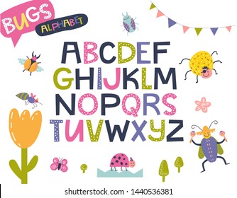 Bugs funny alphabet in cartoon style. Colorful modern alphabet for kids, nursery, poster, card, t shirt, birthday party, packaging paper design, Wallpaper, baby clothes. Vector illustration