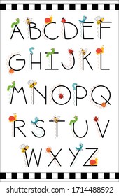 Bugs funny alphabet in cartoon style. Colorful modern alphabet for kids, nursery, poster, card, t shirt, birthday party, packaging paper design, Wallpaper, baby clothes. Vector illustration