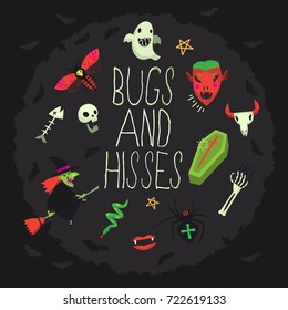 Bugs and hisses greeting card with spooky elements floating around wishing happy halloween. Vector illustration with dark background and red, green, black and white elements