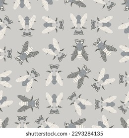 Bugs house flies seamless pattern illustration in grey background insect collection