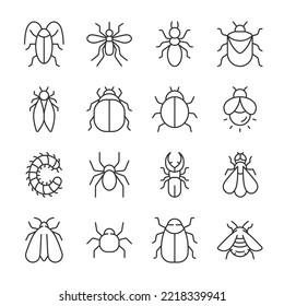 Bugs icons set. Insect, linear icon collection. Various bugs with wings and legs. Line with editable stroke