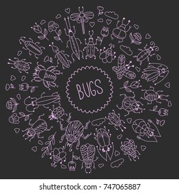 Bugs insects beetles doodle icons vector set round frame