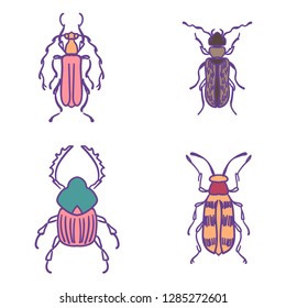 Bugs, insects, Butterfly, ladybug, beetle, swallowtail, dragonfly collection. Modern set of icons, symbols and illustrations. Collection happy cartoon insects. Colorful hand drawn illustration.