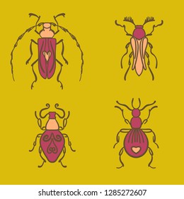 Bugs, insects, Butterfly, ladybug, beetle, swallowtail, dragonfly collection. Modern set of icons, symbols and illustrations. Collection happy cartoon insects. Colorful hand drawn illustration.